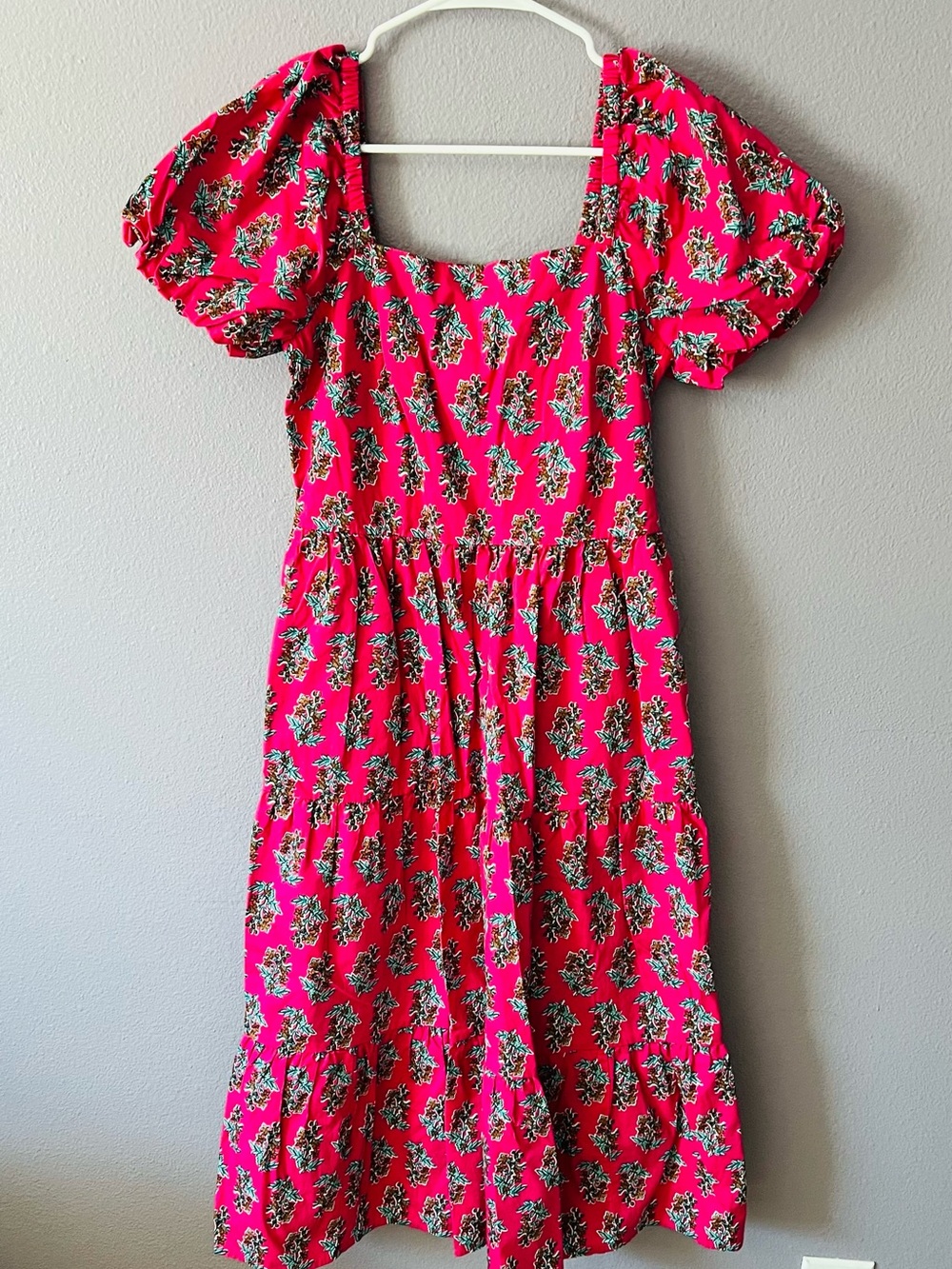 J. Crew Hot Pink Floral Square Neck Midi Dress with Puff Sleeves